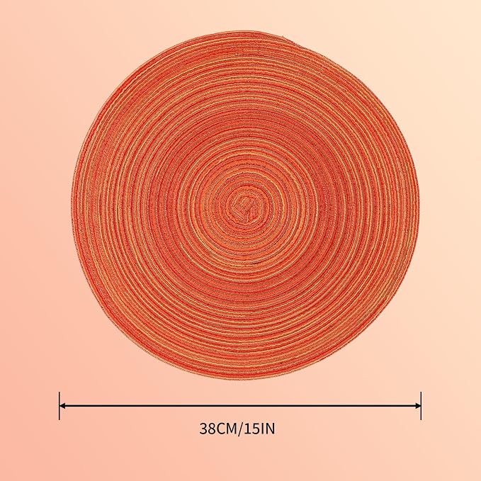 15'' Round Woven Placemats Set of 6, Natural Heat Resistant Washable Non-Slip Woven Table Mats -Orange