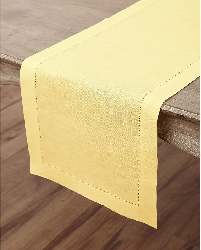 Solino Home Linen Yellow Table Runner 144 Inches Long - 100% Pure Linen Extra Long Table Runner 14 x 144 Inch for Summer - Classic Hemstitch