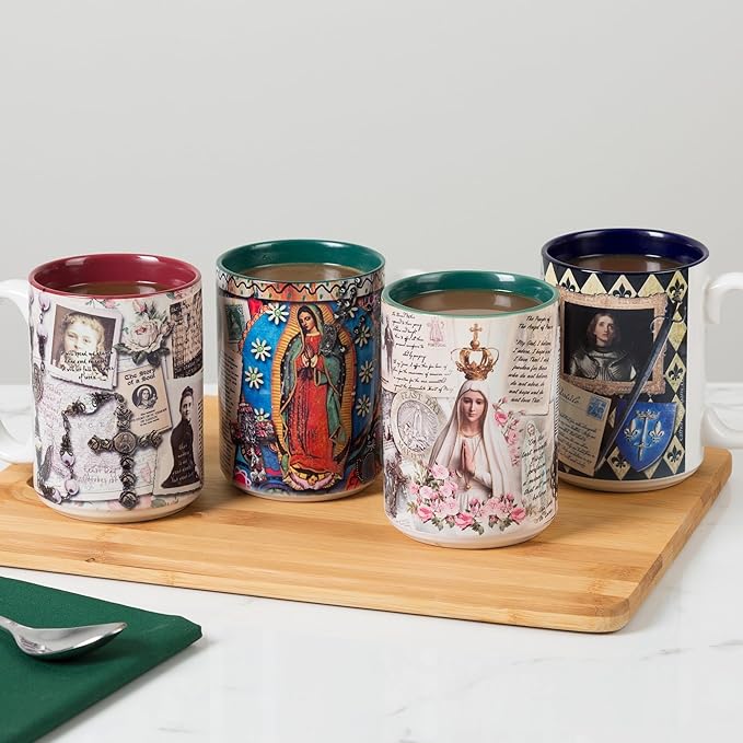 Female Saints Set of 4 Mugs | Catholic Coffee Gift Set | Inspirational Catholic Gifts for Women & Girls | Featuring St. Joan of Arc, St. Thérèse, St. Teresa of Avila & St. Gianna
