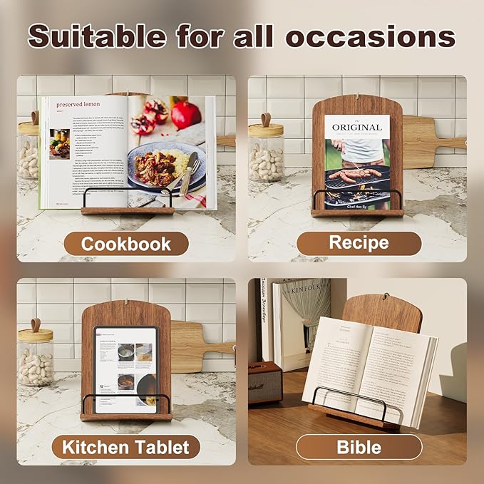 Wooden Cookbook Stand for Kitchen Counter, Rustic Brown Cook Book Stand fits Hanging or Countertop Display, Recipe Book Holder with Adjustable Angle, Wood Cooking Book Stands, Bible Display Holders