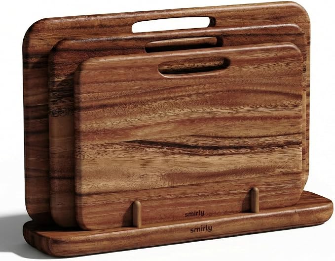 SMIRLY Wooden Cutting Boards for Kitchen, Double-Sided Cutting Board with Handle, Heavy Duty Solid Walnut Wood Cutting Board Set with Stand, 3 Pcs Cutting Boards Non Toxic for Meat Vegetable Fruit