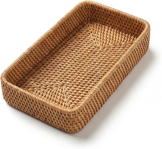 9.8" x 5.3" Rattan Tray, Wicker Decorative Tray, Woven Tray Rectangular, Natural Vanity Tray, Catchall Organizer Storage for Bathroom Kitchen Counter Entryway Coffee Bar Nightstand (Rectangular S)