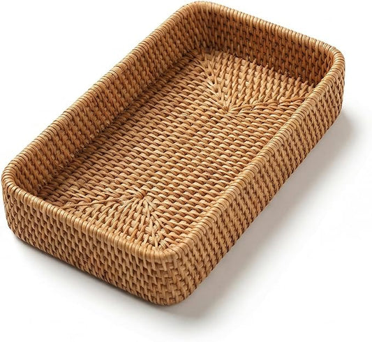 9.8" x 5.3" Rattan Tray, Wicker Decorative Tray, Woven Tray Rectangular, Natural Vanity Tray, Catchall Organizer Storage for Bathroom Kitchen Counter Entryway Coffee Bar Nightstand (Rectangular S)