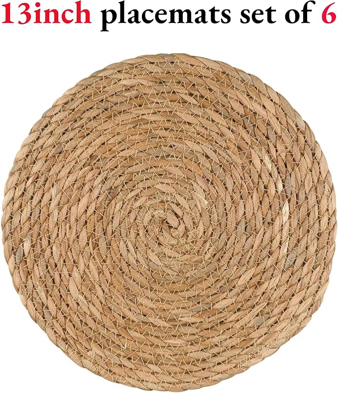 13 inch Round Woven Placemats Set of 6, Natural Hand-Woven Water Hyacinth Boho Rattan Placemats, Chargers for Dinner Plates, Farmhouse Weave Place Mats, Rustic Wicker Table Mats Decor for Home,Wedding