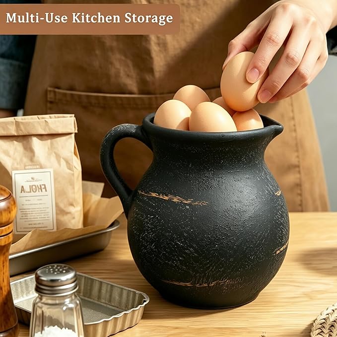 Rustic Kitchen Utensil Holder, 7.3'' Ceramic Vintage Utensil Crock for Counter, Farmhouse Utensil Crock Countertop Organizer for Spatulas Spoons Cooking Tools, Modern Home Kitchen Decor (Black)