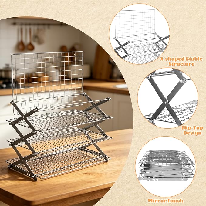 4 Tier Collapsible Cooling Rack for Cooking and Baking, Adjustable Foldable Baking Rack with 3 Height Settings, Heavy Duty Stainless Steel Wire Rack for Cookies, Bread, Cakes, Dishwasher Safe