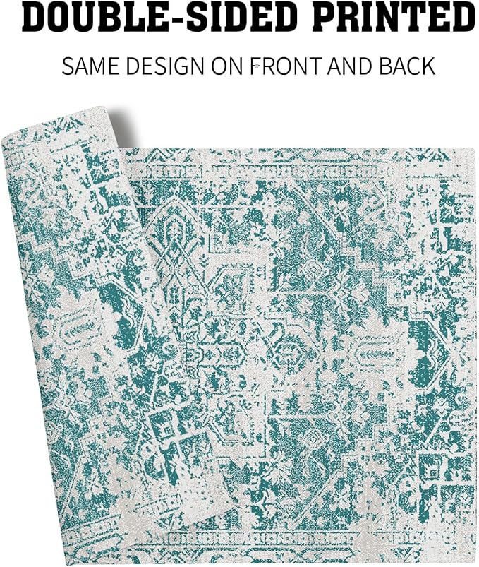 Gray Teal Boho Placemats Set of 4 Ethnic Bohemian Carpet Place Mats Washable Kitchen Dining Vintage Grey Geography Floral Linen Table Mats Stain Heat-Resistant Cloth Tabel for Home Party 12x18 in