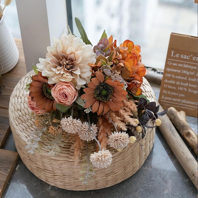 17-inch Artificial Fake Faux Flowers Silk Flower Arrangements Bouquets with Dandelions, Dahlias, Hydrangeas, Sunflowers, Roses, Astilbes and Shooting Star Branches(Autumn Haze)