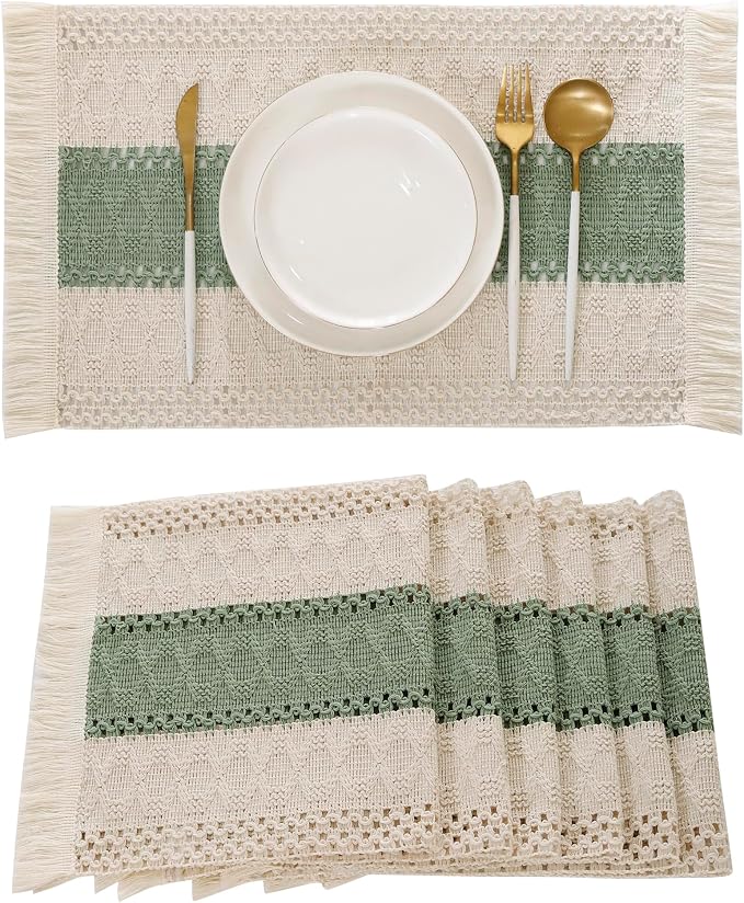 Green Placemats Set of 6 Macrame Table Decor with Fringe Boho Farmhouse Woven Table Placemats in Natural Burlap for Kitchen and Dining Table Centerpiece Home Decorations