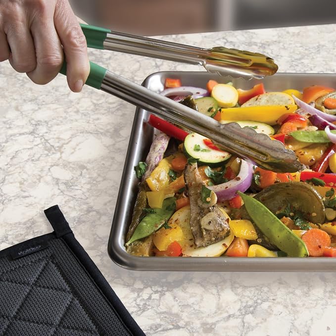 Winco 12" Stainless Steel Serving Tongs with Non-Slip Handle, Green