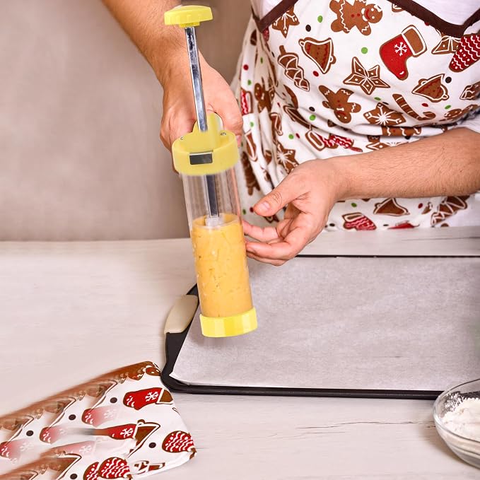 Cookie Press Gun Kit – Cookie Spritzer Set with 16 Discs and 6 Piping Tips for Baking, Cake Icing Nozzle, Deviled Egg Filler, Donut Decorating, Stainless Steel Food Syringe, Extruder, Injector