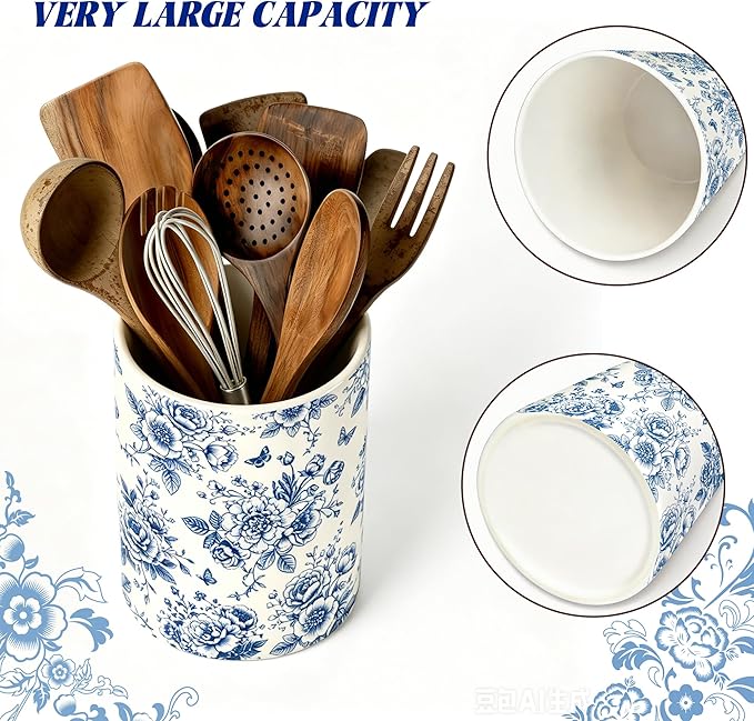 Chinoiserie Floral Utensil Holder, Ceramic Kitchen Utensil Holder, Utensil Crock for Home Kitchen Countertop Storage Organizer Container, Large Holder for Spatulas, Spoons, Kitchen Counter Decor, 6"