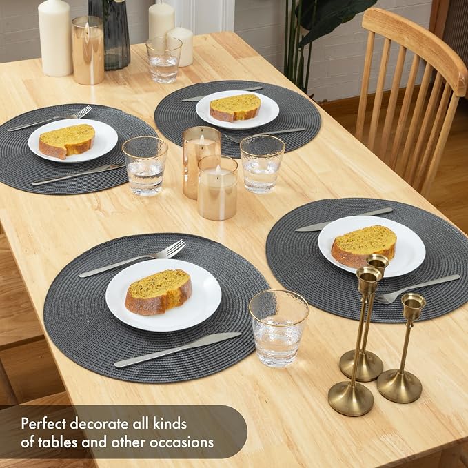 Winknowl Round Braided Placemats Set of 4 Washable Woven Heat Resistant Table Mats for Kitchen Dining Tables 15 inch Round Place Mats (Dark Gray,4pcs)
