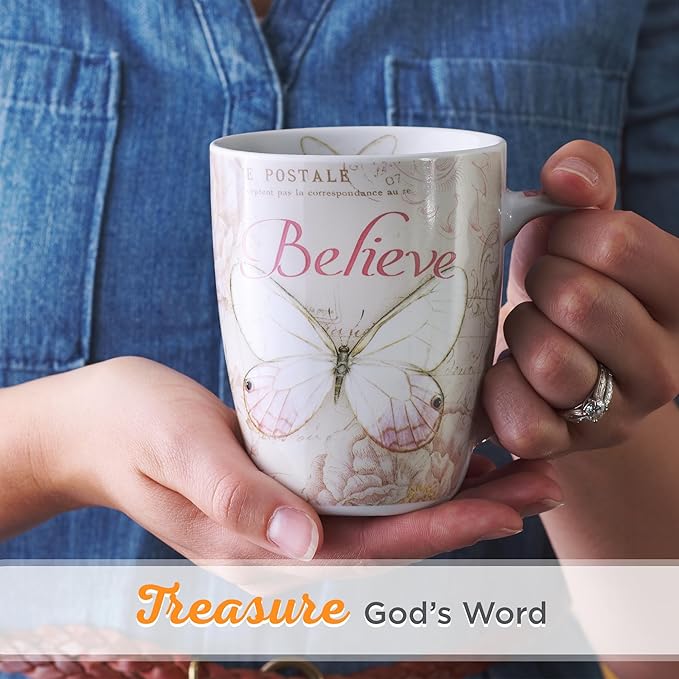 Christian Art Gifts Botanic Pink Butterfly Ceramic Coffee Mug – Inspirational Coffee Cup for Women & Men 12 oz. Lead-free Microwave and Dishwasher Safe Coffee Mug with Bible Verse: Believe - Mark 9:23