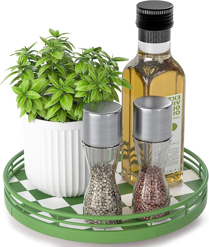 Premium Rubber Wood Lazy Susan Turntable, Green White Checkerboard Decorative Serving Tray, Hand-Welded Metal Railing, Stable Rotating Organizer for Dining Table, Kitchen Counter, Coffee Table Decor