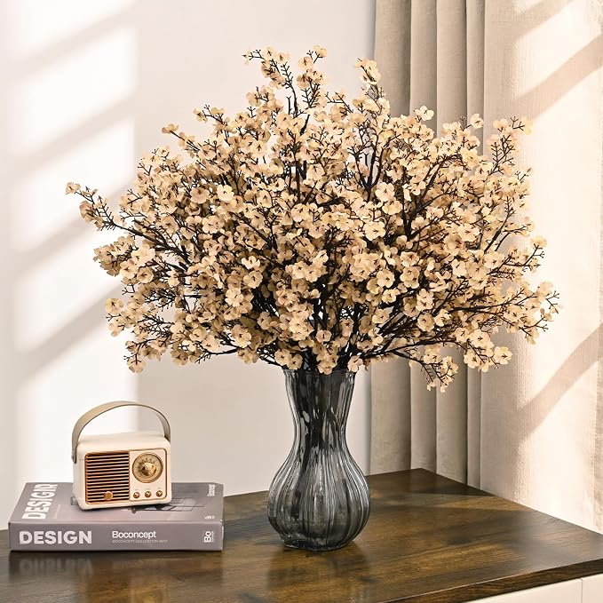 Waipfaru 15Pcs Fake Flowers Babys Breath Silk Artificial Beige Flowers Gypsophila Bouquets Bulk Real Touch Stems for Boho Home Living Room Decor DIY Floral Arrangement Table Centerpieces