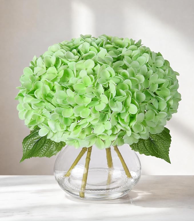 Real Touch Faux Hydrangea Flowers in Glass Vase, No Watering Needed Silk Hydrangea Artificial Flowers for Farmhouse Wedding Decor Dining Table Centerpiece Bedroom Decor