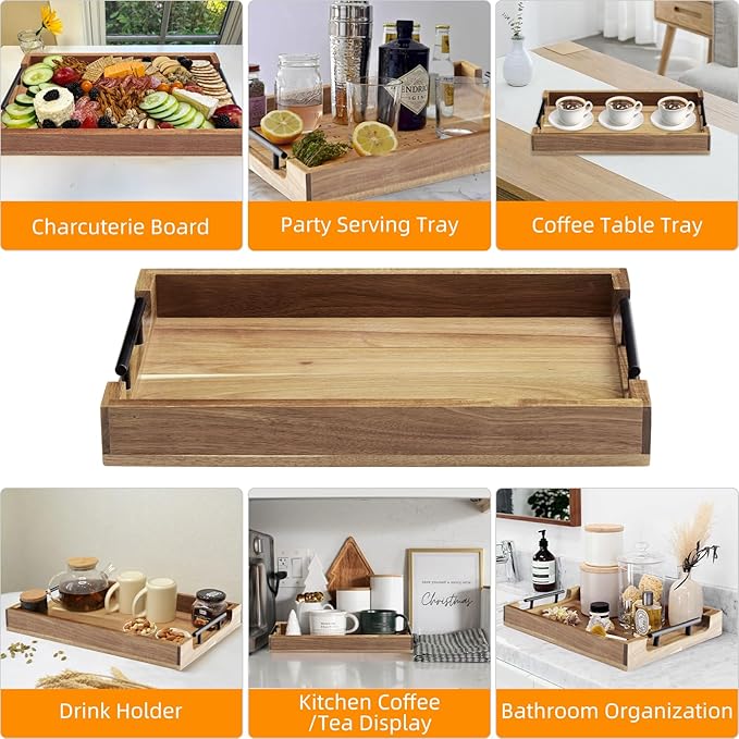 GarveeHome Acacia Serving Tray with Metal Handles, 17 in Wood Serving Tray for Coffee Table Liquor Bar, Coffee Serving Tray Toiletry Platter, Storage Tray for Ottoman Kitchen Bedroom Bathroom