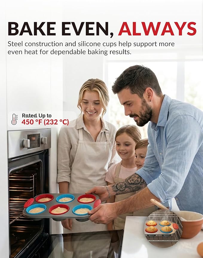 Boxiki Kitchen Non-Stick Steel 6 Cup Muffin Pan with Silicone Handles and Reusable Liners - Perfect for Baking Large Muffins and Cupcakes
