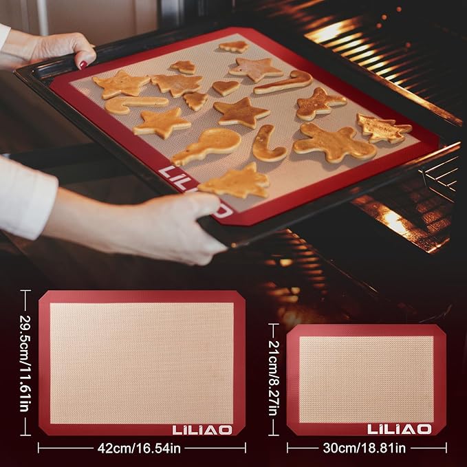 LILIAO Silicone Baking Mat, 3-Pack Non-Stick Reusable Baking Mat, Oven Baking Sheet for Making Cookies, Macaroons, Bread and Pastry (Red)