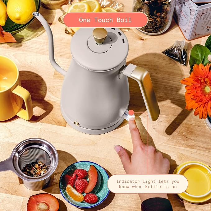 Electric Gooseneck Kettle 1 Liter 1200W Fast Boil with Precision Pour Spout, Stainless Steel Interior, Auto Shut-Off & 360° Swivel Base (Porcini Taupe)