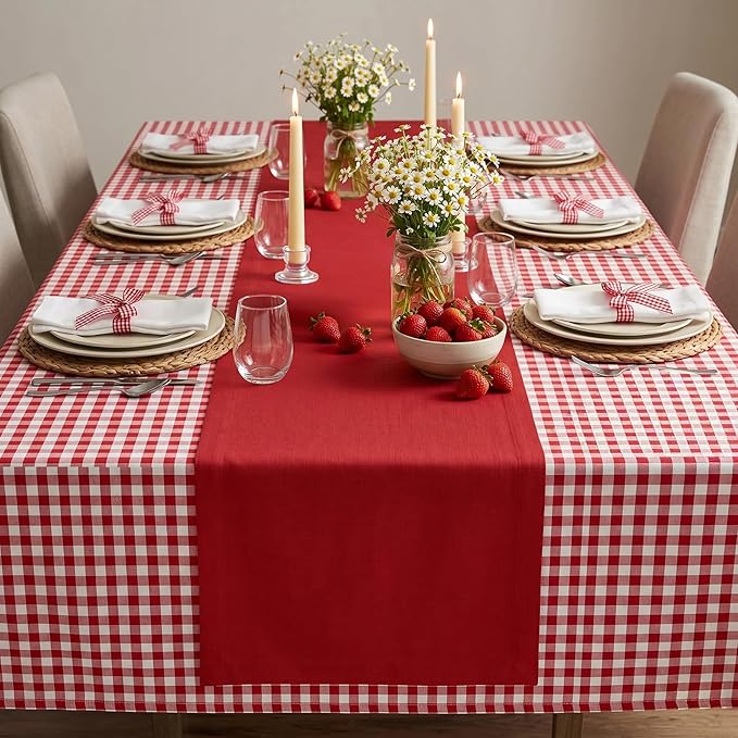 Solino Home Linen Red Table Runner 132 Inches Long - 100% Pure Linen Extra Long Table Runner 14 x 132 Inch for 4th of July - Fete