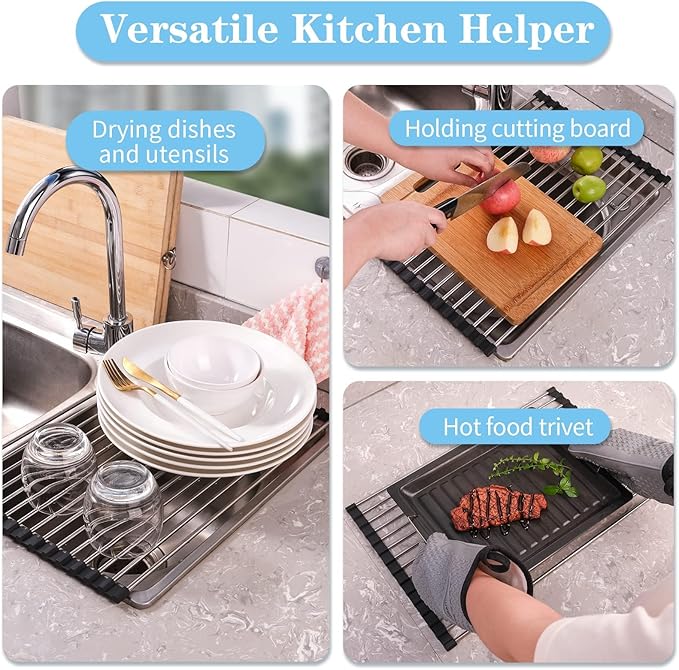 Seropy Roll Up Dish Drying Rack Over the Sink Drying Rack for Kitchen Counter, Rolling Dish Rack Over Sink Mat, Foldable Dish Drainer Stainless Steel Rack Kitchen Organization Gadgets 20.5"x11.8"