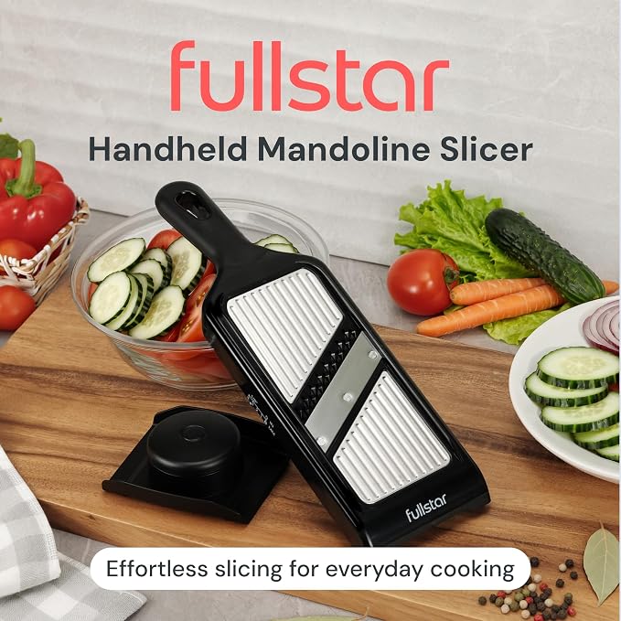 Fullstar 2-in-1 Handheld Mandoline Slicer for Kitchen - 4 Thickness Settings Vegetable Food Onion Slicer, Sharp Julienne Blade, Stainless Steel Guard, Easy to Use, Veggie Slicer & Fruit Cutter (Black)