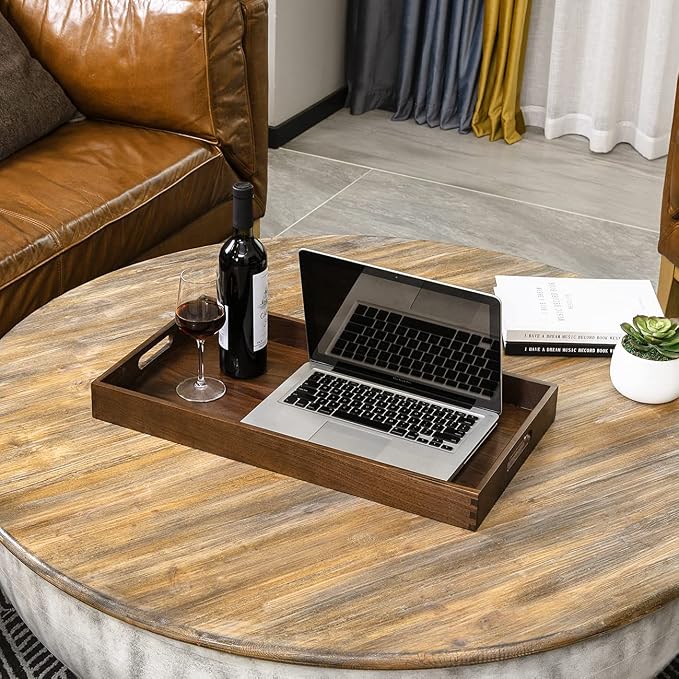 24"x13" XL Wooden Ottoman Tray with Handle FSC Natural Handmade Black Walnut Serving Tray Vintage Decorative Platters for Oversized Ottoman Kitchen