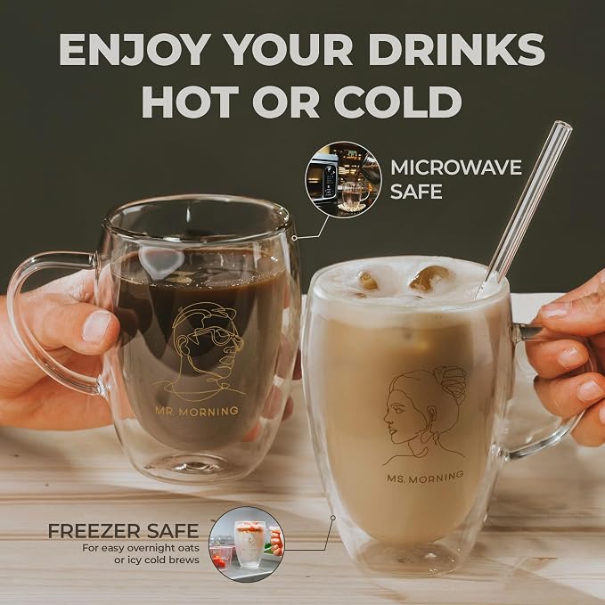 GLORAMA Double Walled Glass Coffee Mugs for Couples - Espresso Cups, Coffee Cups for Couples with Gold Line Art Inscription, Freezer & Microwave Safe (14oz)