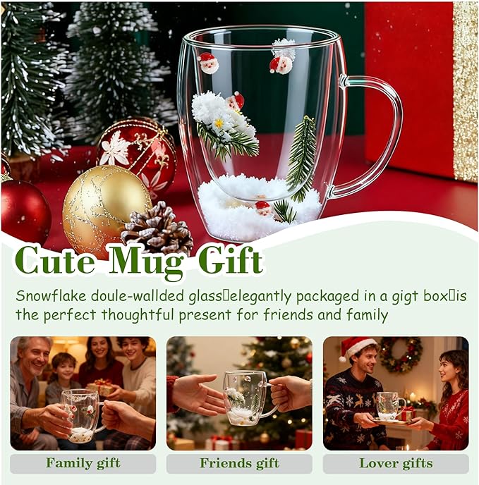 Christmas Glass Coffee Mugs Set Of 4-12oz Double Wall Insulated High Borosilicate Glasses Mugs With Handle For Latte,Cappuccino,Tea Bag