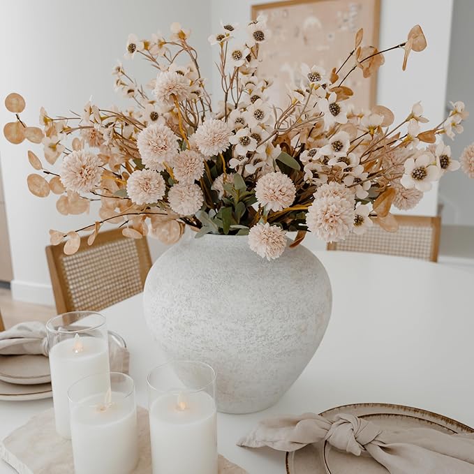 SilkSerenade Beige Silk Kiku Flower Arrangements with Eucalyptus & Wild Flowers for Home Decoration, Fake Flores Long Neutral Tall Mums Cream Stems Artificial Floral Kitchen Dining Table Centerpieces