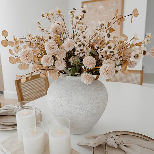 SilkSerenade Beige Silk Kiku Flower Arrangements with Eucalyptus & Wild Flowers for Home Decoration, Fake Flores Long Neutral Tall Mums Cream Stems Artificial Floral Kitchen Dining Table Centerpieces