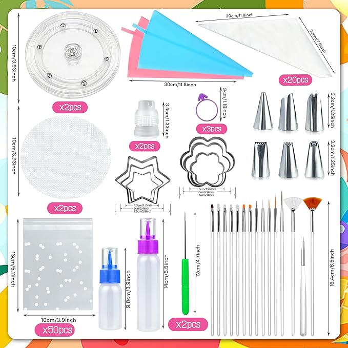 112 PCS Cookie Decorating Kit Supplies Including Acrylic Turntable Brushes Scribe Needle Bags Icing Bottle for Cookie Cupcake Cake Decoration