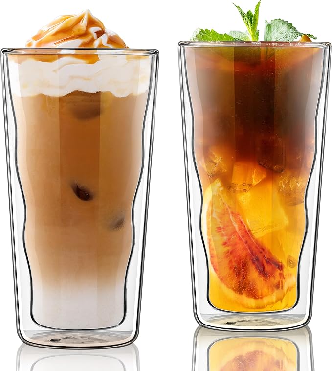 Joeyan Double Wall Glass, 15.2oz Wave Insulated Glass Tumblers Clear Coffee Cups for Hot Cold Drinks, Tall Drinking Highball Glasses for for Iced Coffee, Latte, Matcha, Tea, Smoothie, Set of 2