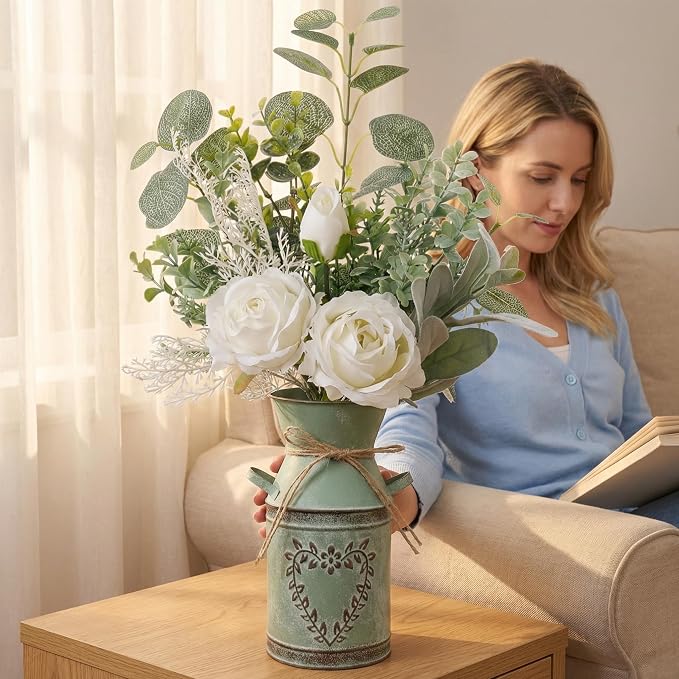 Faux Flowers in Vase 17.5" H Artificial Silk Roses Flower Fake Plants Eucalyptus Arrangement in Metal Vase Faux Silk Floral for Dining Table Centerpieces Home Office Decoration (White/Green Vase)