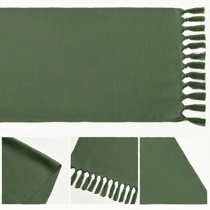 Artoid Mode Dark Green Tassel Table Runner, Linen Blend Rustic Farmhouse Style Kitchen Table Decoration Holiday Wedding Party Dinning Decor 13x36 Inch