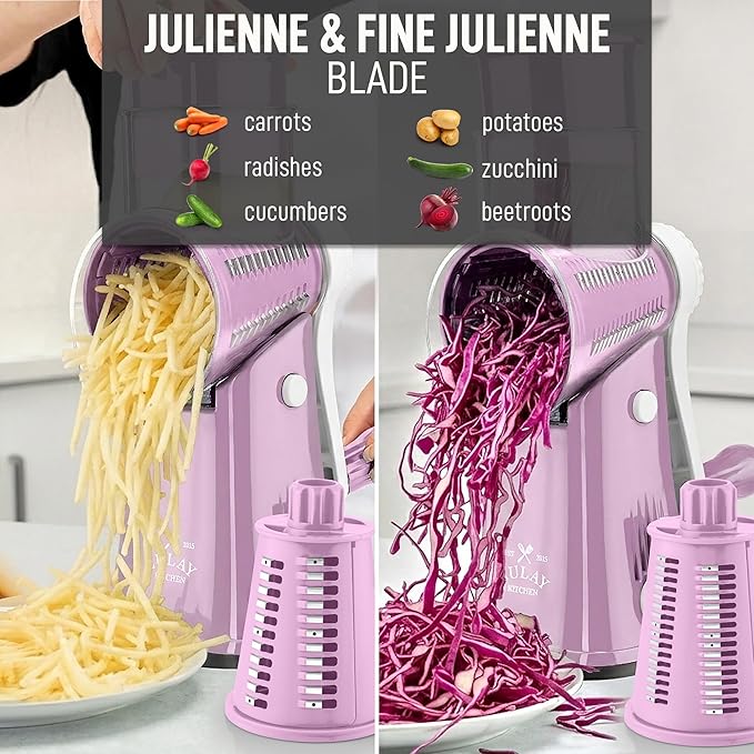 Zulay Kitchen Rotary Cheese Grater 5 Blade Cheese Shredder - Manual Hand Crank Cheese Grater With Reinforced Suction & 5 Interchangeable Drums - Easy to Use, Vegetable Chopper Round Mandoline Slicer