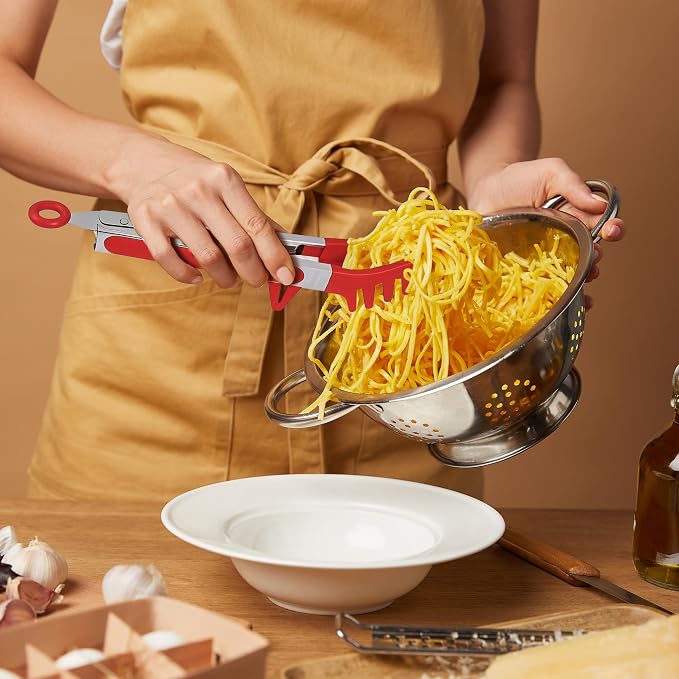 Professional Stainless Steel Pasta Tongs with Non-Slip Silicone Teeth - Heat Resistant 600°F, Dishwasher Safe Spaghetti Server Utensil for Cooking, Baking, Salad...(red)