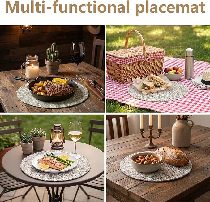 Round Woven Placemats Set of 6, 13.4 Inches Cotton Round Placemats, Heat Resistant Washable Table Mats for Indoor & Outdoor Dining Table Decor