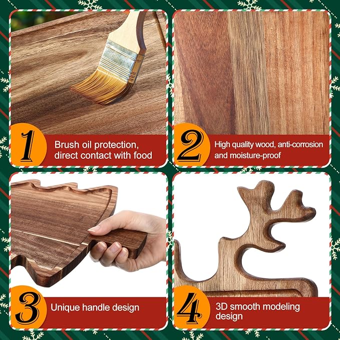 Umigy 2 Pcs Christmas Charcuterie Boards Christmas Tree Wooden Cutting Board with Handle Antler Acacia Wood Cute Cutting Board for Cheese Fruit Bread Salad Vegetables Snack Dessert (Rectangular Elk)