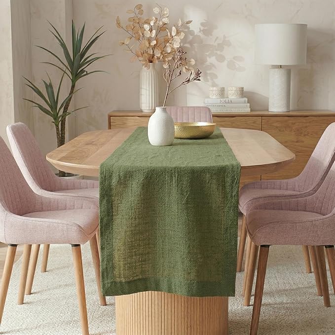 Solino Home Linen Table Runner 90 Inches Long - 100% Pure Linen Desert Green Table Runner 14 x 90 Inch - Diana Medium Weight