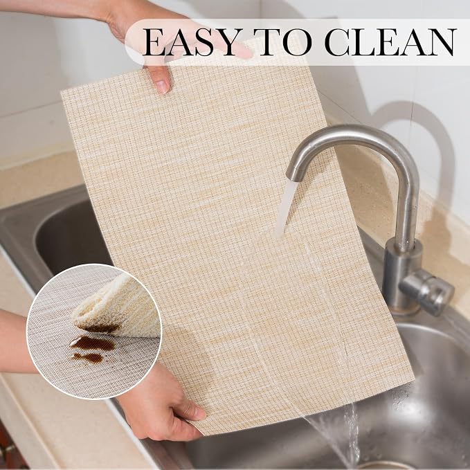 BACKTOEDEN Placemats Set of 12 Heat Resistant Washable Wipeable Placemat Woven Non-Slip Foldable Vinyl/Plastic Place Mats Indoor/Outdoor Mat Kitchen Dining Table Pad, Beige Silver Line