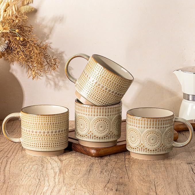 GBhome 16OZ Stackable Coffee Mugs, Ceramic Coffee Mugs with Texture Patterns for Man,Woman,Dad,Mom, Modern Coffee Mugs Set of 4 for Latte/Cappuccino/Cocoa. Dishwasher&Microwave Safe