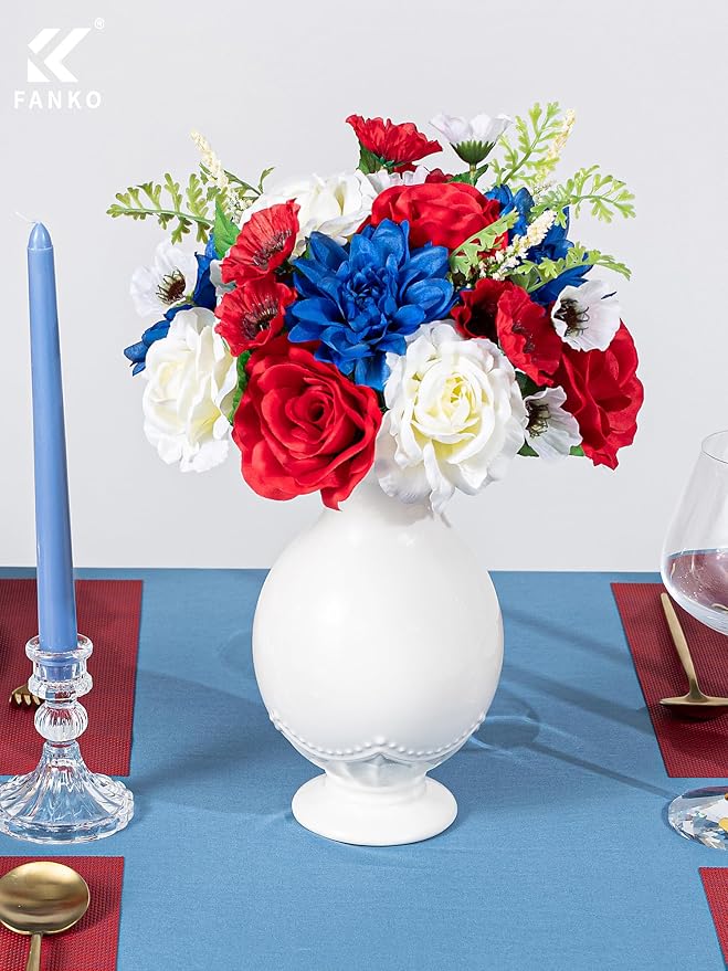 FANKO Artificial Flowers for DIY, Red White Blue Faux Flowers Bouquet, Fake Rose Poppy Dahlia Silk Flowers for 4th of July, Home Decor, Garland, Patriotic Holidays, Memorial Day, Summer Party