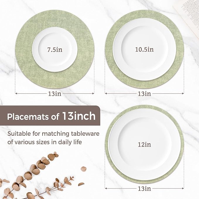 13" Round Placemats Set of 8, Reversible Faux Leather Heat Resistant Table Mats, Waterproof Oilproof Wipeable Table Protective Placemats for Vinyl, Washable for Indoor & Outdoor Use (8, Light Green)