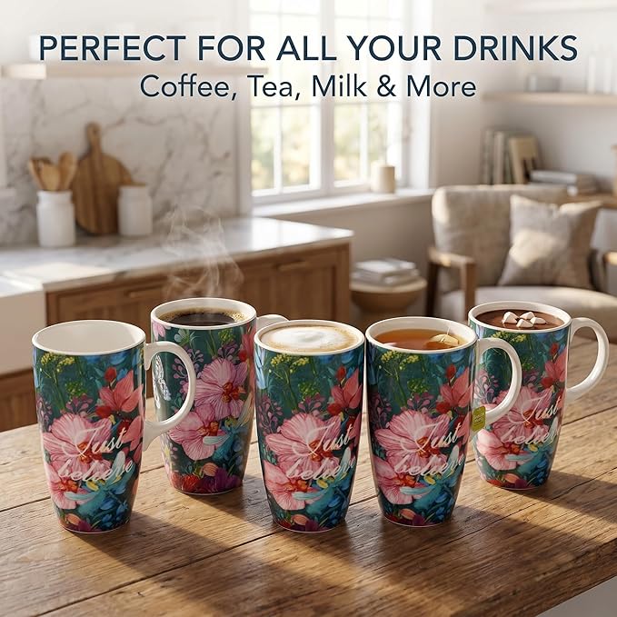 DUSVALLY 17oz Ceramic Coffee Mug with Lid – Splash-Resistant Mug with Handle, Large Coffee Mugs,Just Believe Flowers Tea Cup Set, Cute Coffee Mugs, Microwave Safe Ceramic Mug