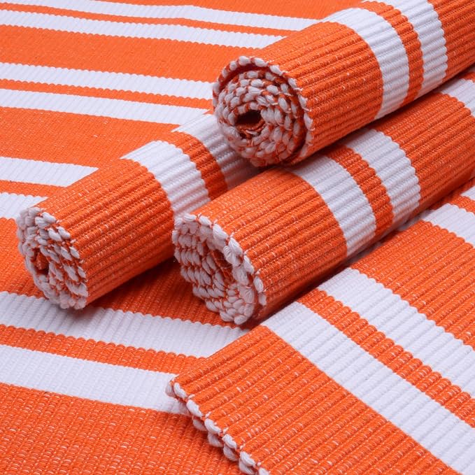 Encasa XO Dining Placemat Set of 6 | Franca Orange Stripes Color | Fine Ribbed Cotton Table mat | Size 18x13 in | Machine Washable