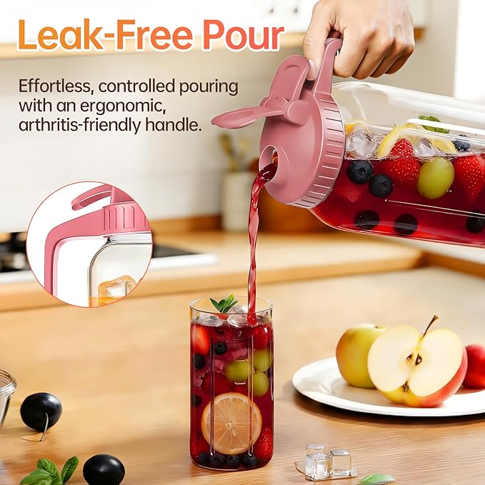 64oz Glass Pitcher with Lid & Spout – 2 Quart Mason Jars, Airtight & Leakproof Breastmilk Pitcher for Cold Brew Coffee, Sun Tea, Water, Juice – Wide Mouth, Fridge Safe