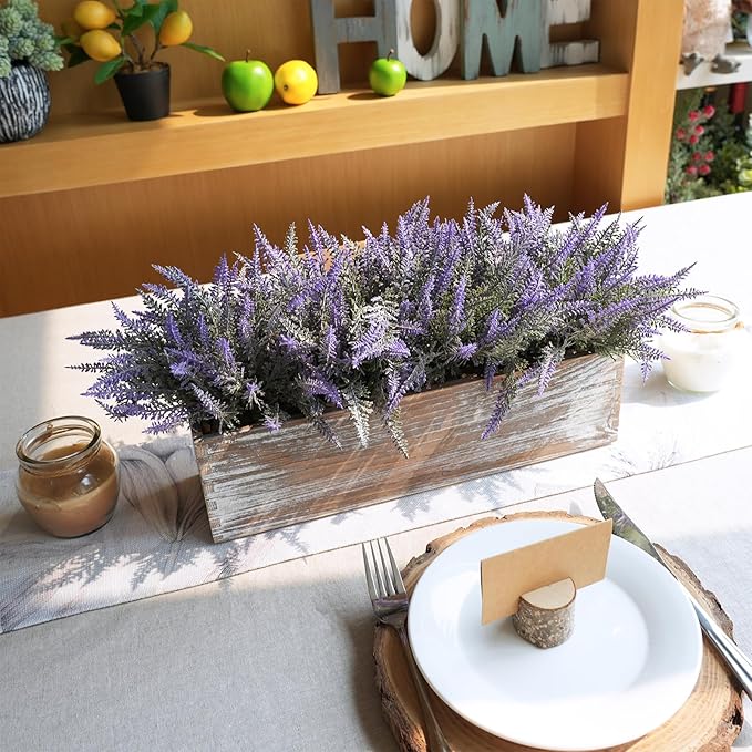 Winlyn 14" Faux Lavender Plant in Rustic Rectangular Wood Planter Box Artificial Lavender Flower Arrangement Potted Plant for Farmhouse Wedding Centerpiece Provence Home Office Room Table Mantel Décor